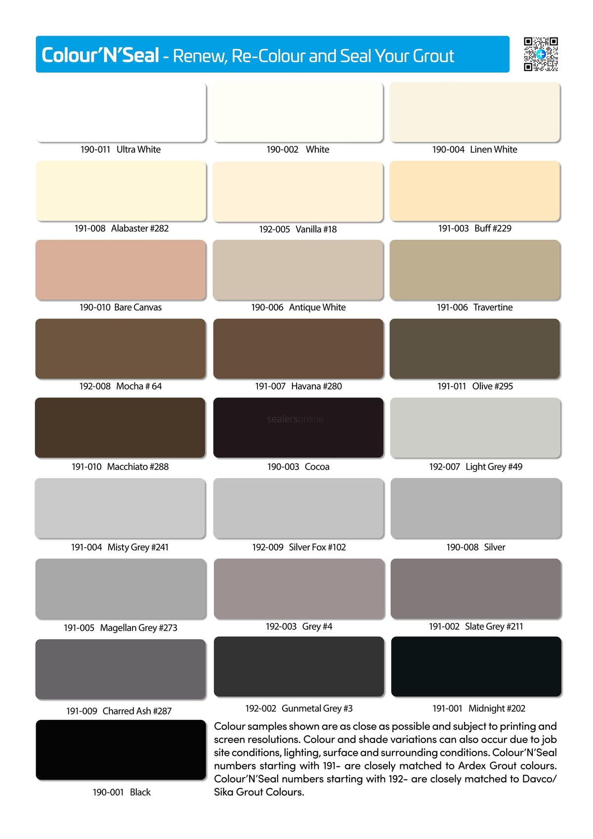 Colour'N'Seal grout colour chart showing all 25 colours